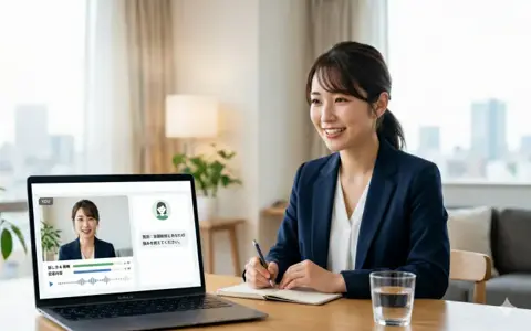 ノートPCでAI面接を受けている場面