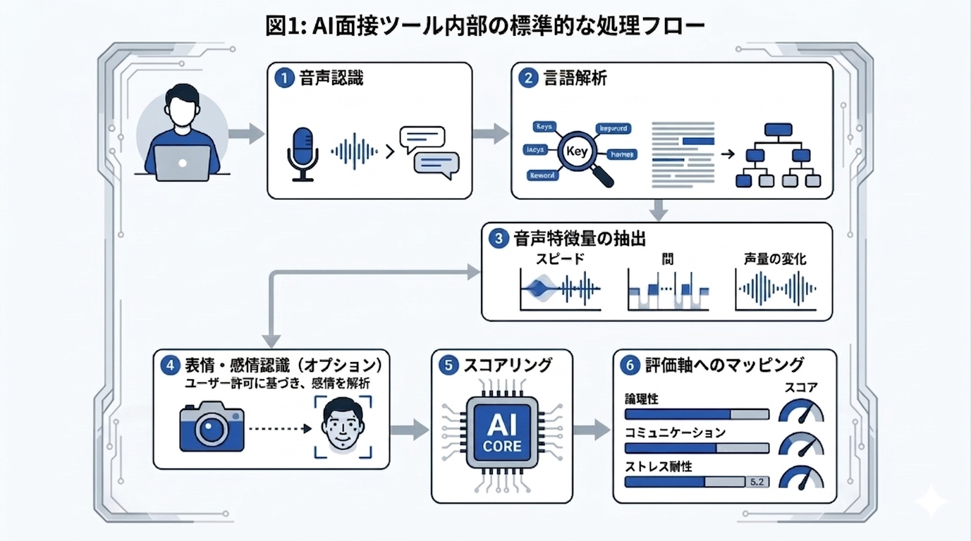 AI面接の処理フロー図：音声認識→言語解析→音声特徴量抽出→表情・感情認識→スコアリングの5ステップを示す図解