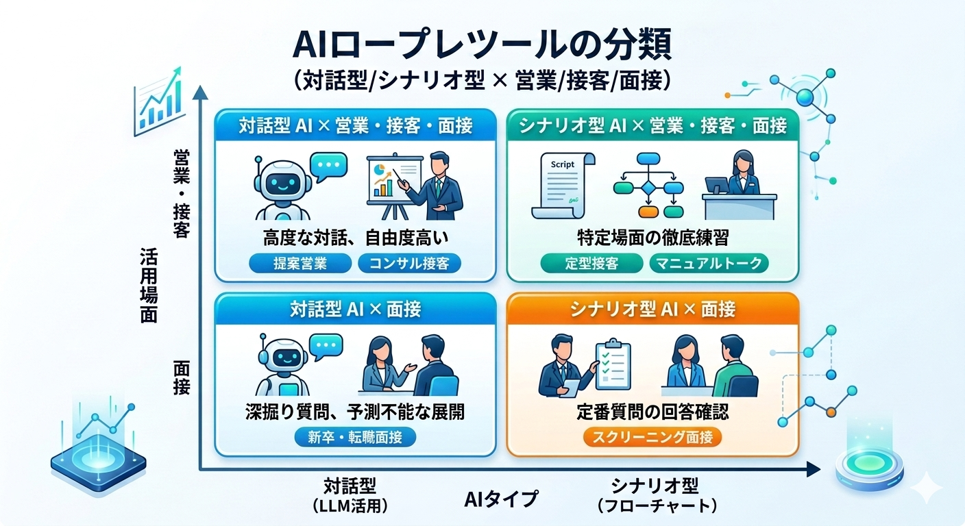 AIロープレツールの分類マトリクス(対話型/シナリオ型 × 営業/接客/面接)