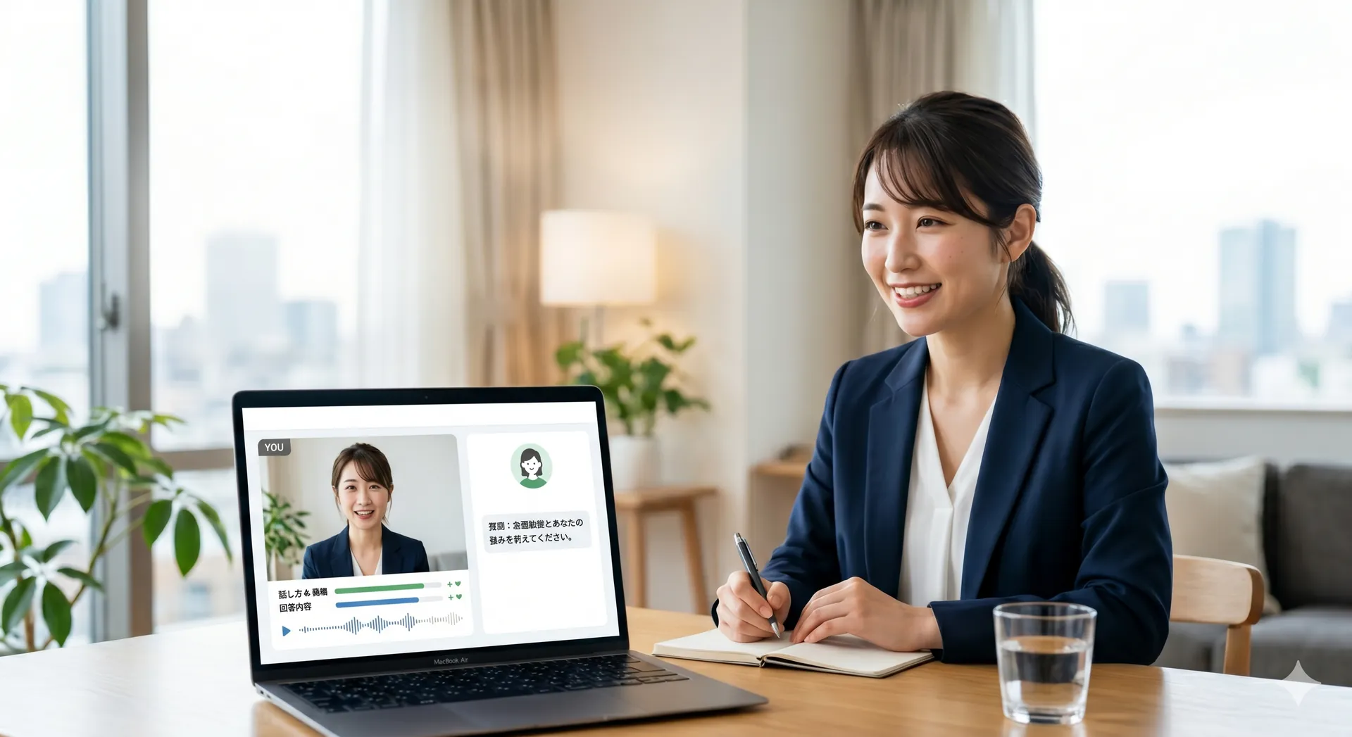 AI面接プラットフォームを利用する女性候補者｜ノートPCでAI面接を受験中｜Crystal Method