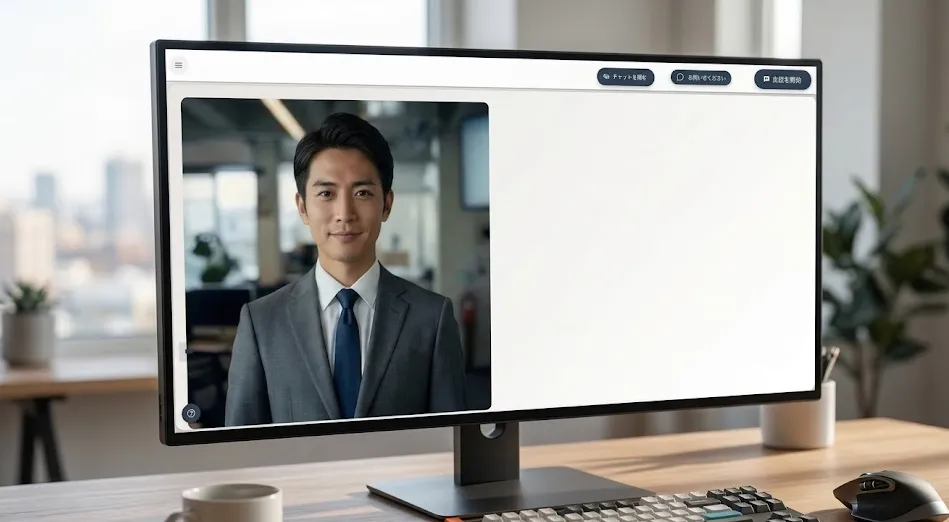 デスクトップに表示されたAIロープレの対話画面｜スーツを着用した男性のAIアバター