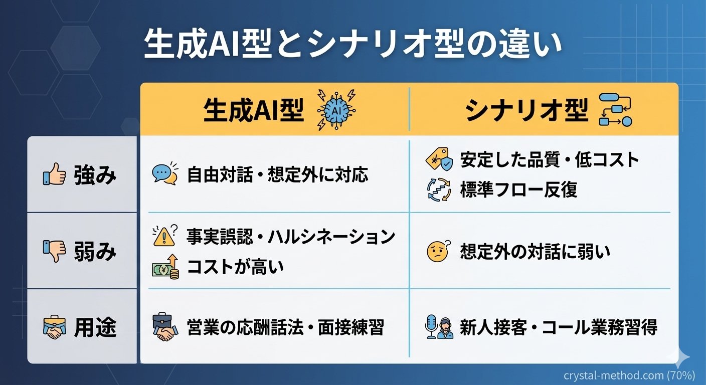 生成AI型とシナリオ型ロープレの比較表