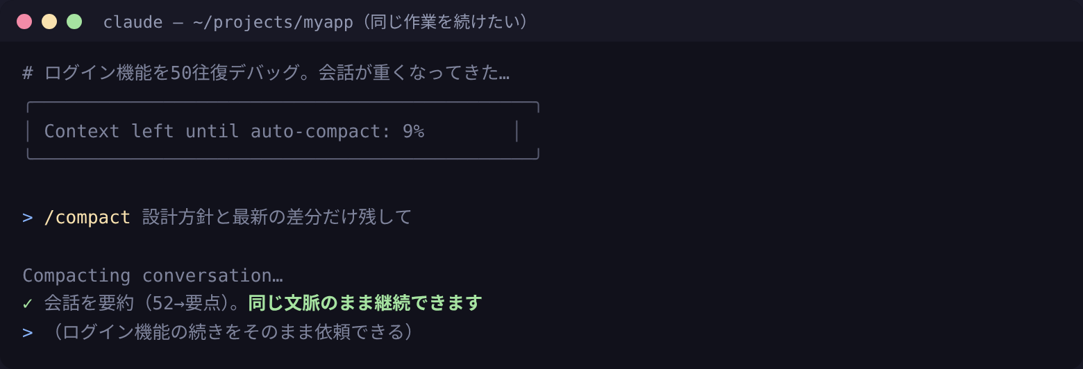 /compact で会話を要約し、同じ作業を続けたまま軽くする