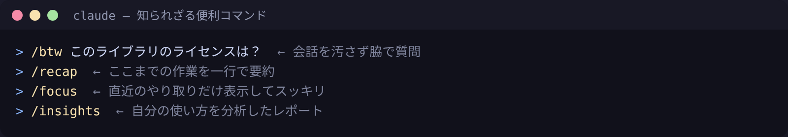 知られざる便利コマンド:/btw /recap /focus /insights