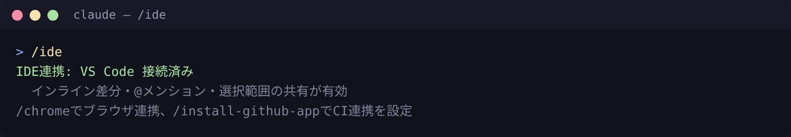 /ide：エディタ連携の設定と状態確認