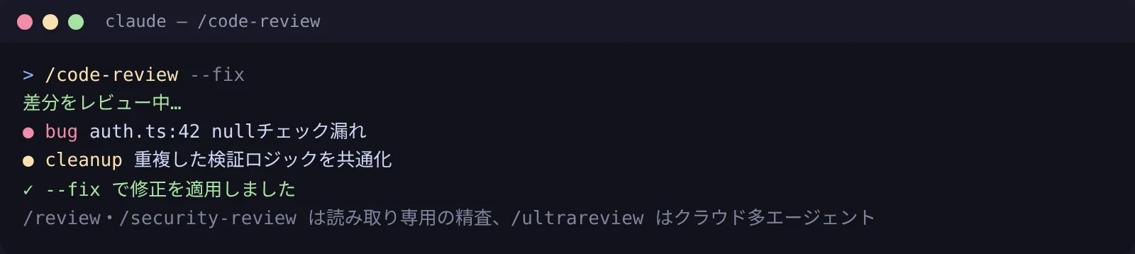 /code-review：差分のバグと改善点をレビューし、--fixで修正も適用