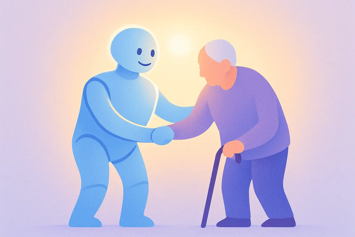 AIロボットが人を支援するイメージ。万博ではロボットが案内・医療支援など多様な役割を担う