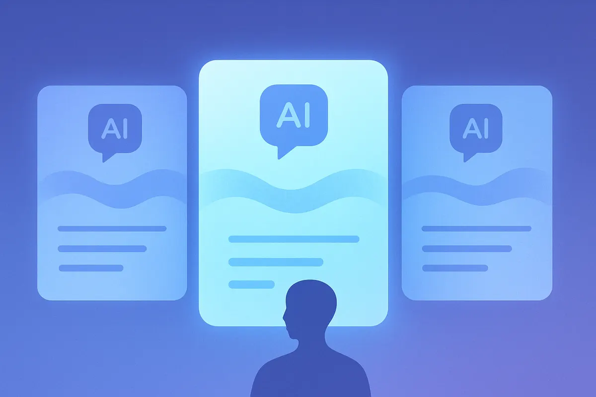 複数のAIアシスタントを並べて比較するイメージ（抽象的なパネル表現）