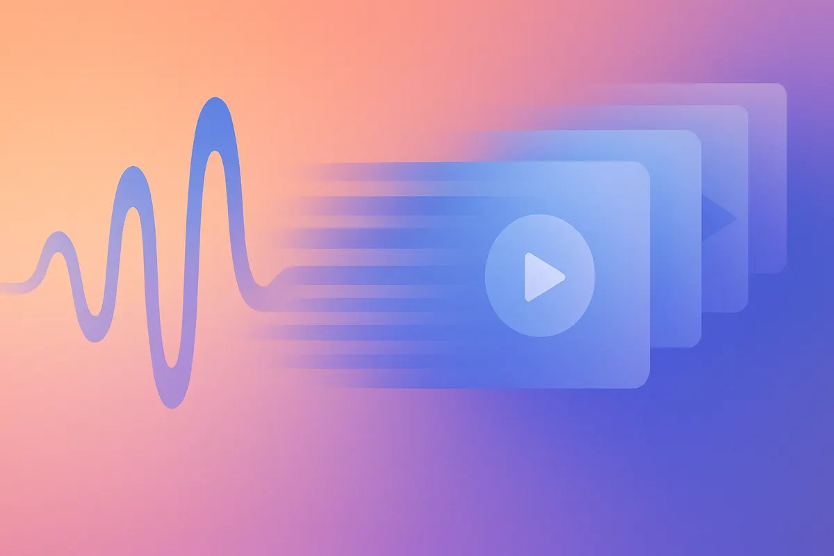 AI動画と音声合成が統合される近未来のコンテンツ生成イメージ(抽象的なウェーブと映像フレームの融合)