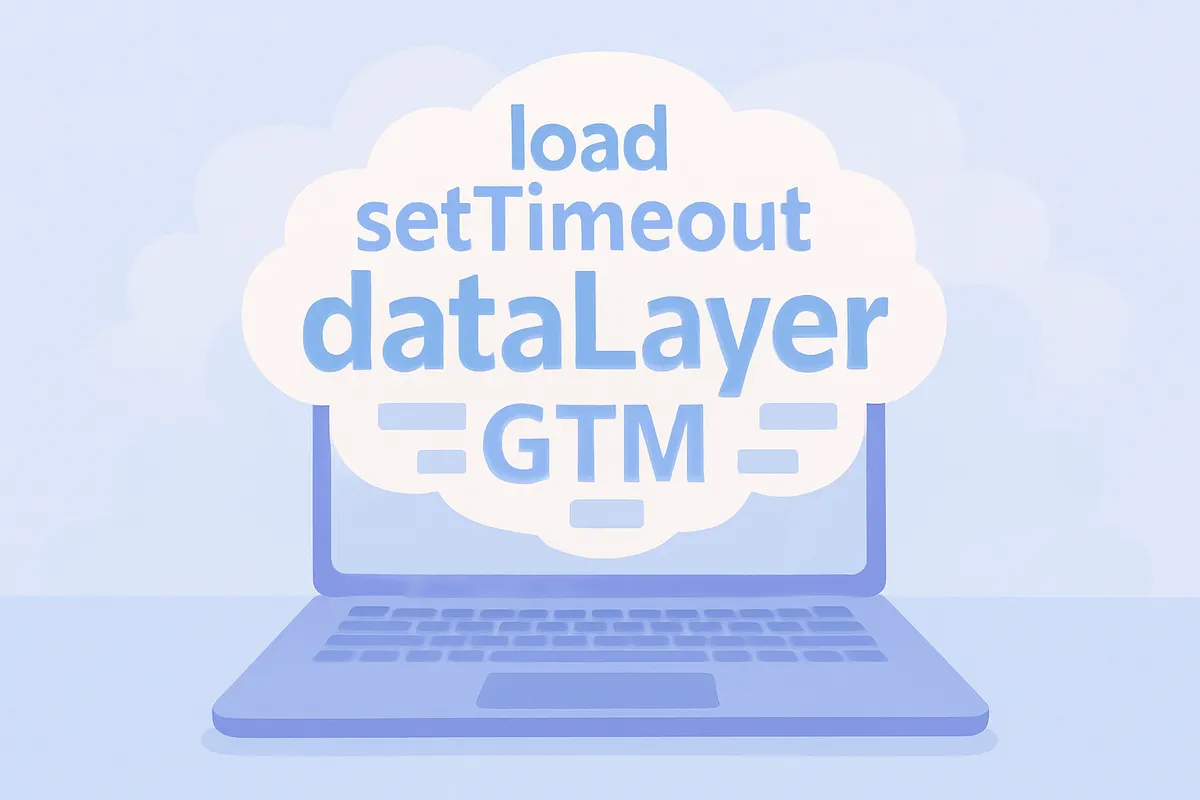 GTM 配下のスクリプトを遅延最適化するイメージ：dataLayer・load・setTimeout などのキーワードが浮かび上がる