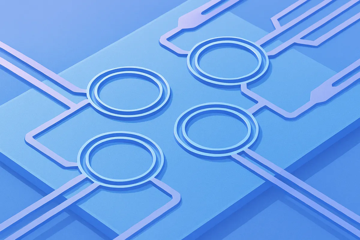 超伝導量子チップの概念図。量子ビットを構成する共振器と導波路のイメージ