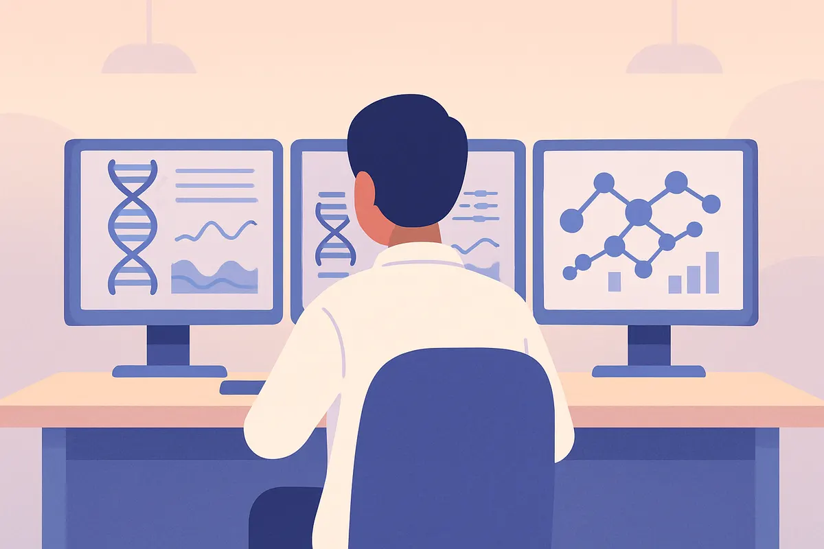 バイオインフォマティシャンが複数のモニターでゲノムデータと分子構造を解析しているイメージ(後ろ姿)