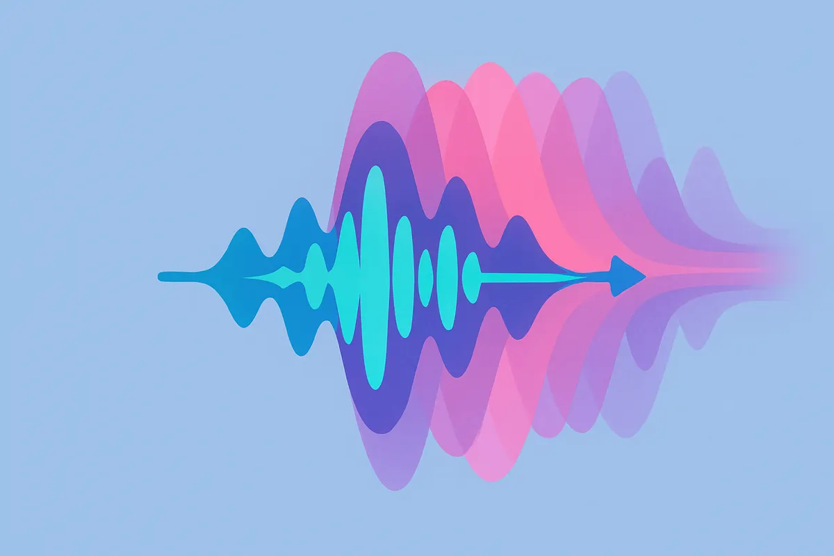 音声クローン技術の概念図。一つの音声波形から複数のパターンが生成されるイメージ