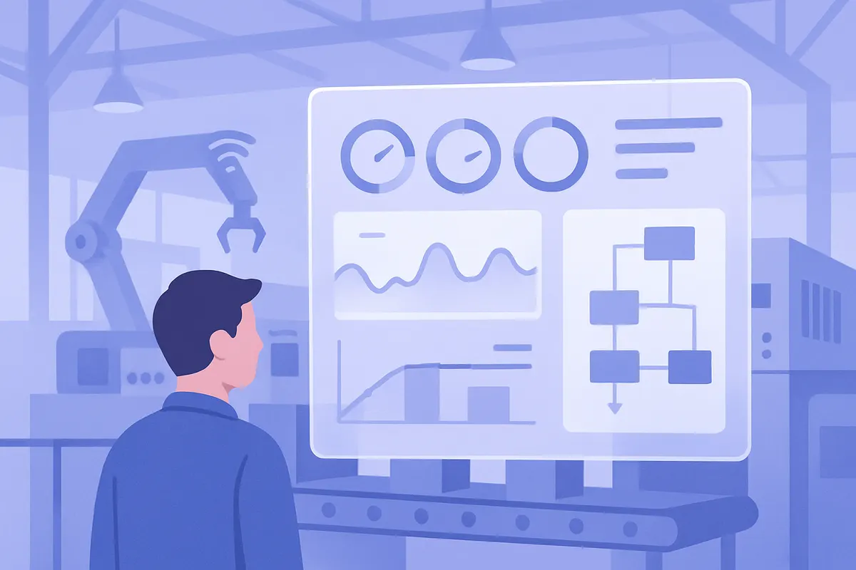 工場IoTのイメージ：製造ラインにデジタルデータが重なり、生産状況をリアルタイムで可視化する製造業DXの現場