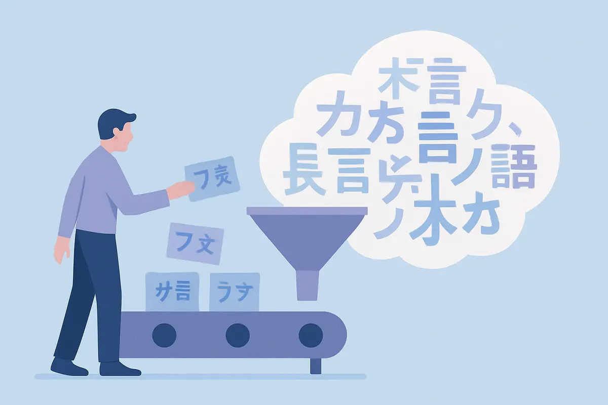 テキストマイニングにおける形態素解析の活用イメージ:テキストが形態素に分解され単語の重要度が可視化される