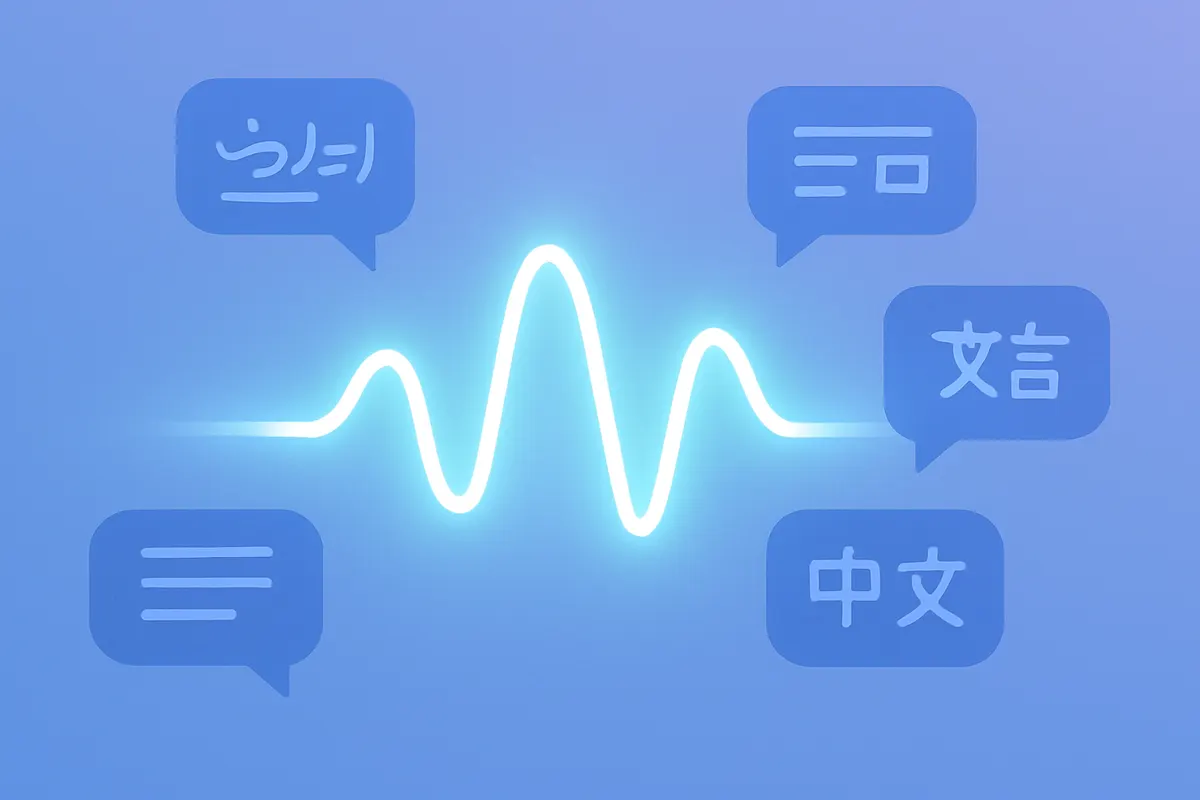 多言語テキストを処理するQwen言語モデルのイメージ(抽象的なウェーブフォームと文字)