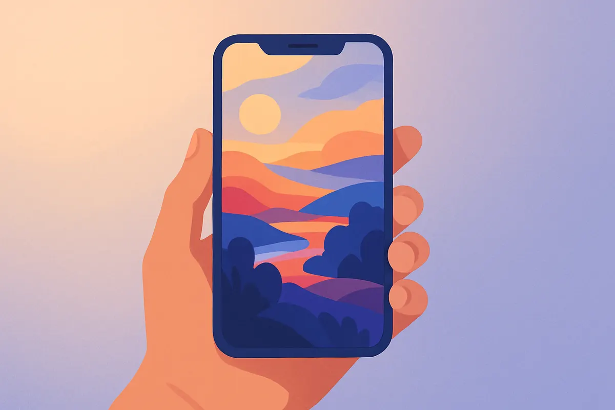スマートフォン画面に表示された画像生成AIによる抽象的な風景画