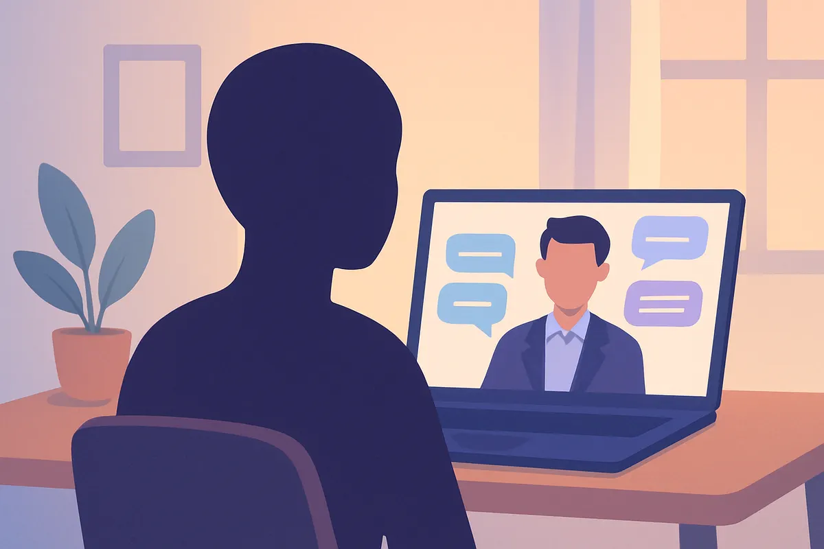 自宅から外国語でAI面接を受験する様子（後ろ姿・顔なし）