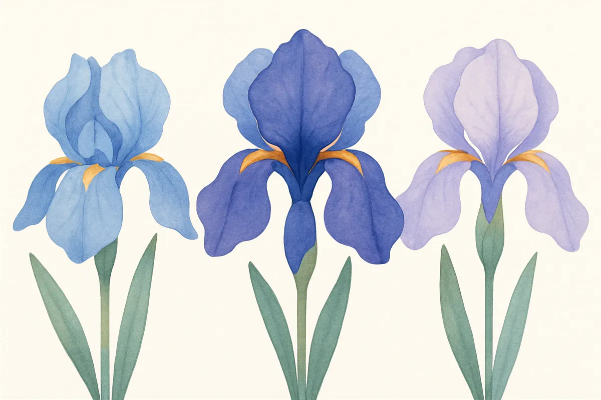 あやめ（Iris）の3品種を並べた植物画風イラスト。Irisデータセットの特徴量のイメージ