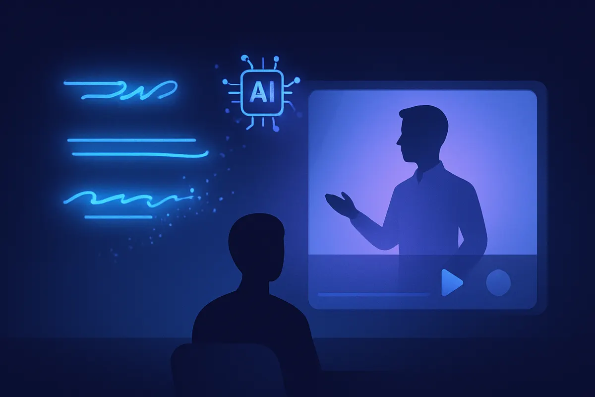 AIアバターが研修動画を自動生成するイメージ（シルエット表現）
