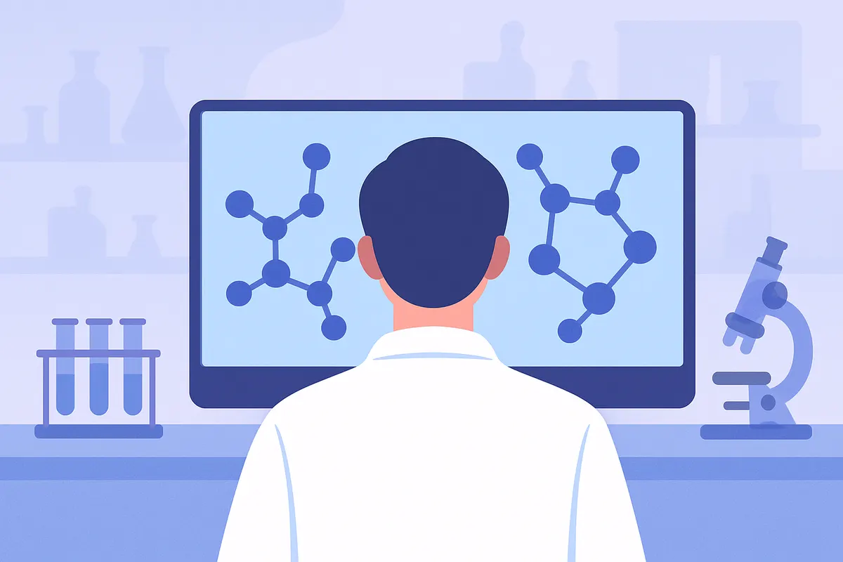 創薬研究室で分子構造モデルを解析する研究者。AIが化合物候補の評価を支援している