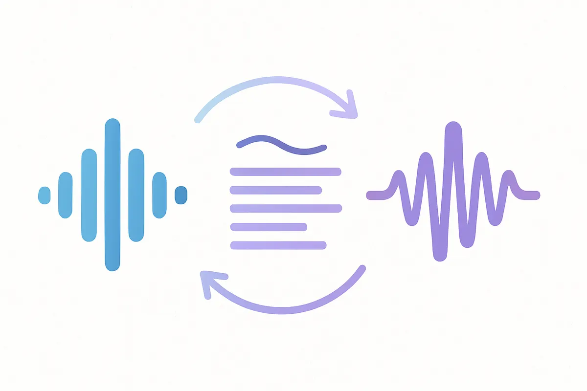AI音声合成のイメージ:音波とテキストが相互変換されるコンセプト図