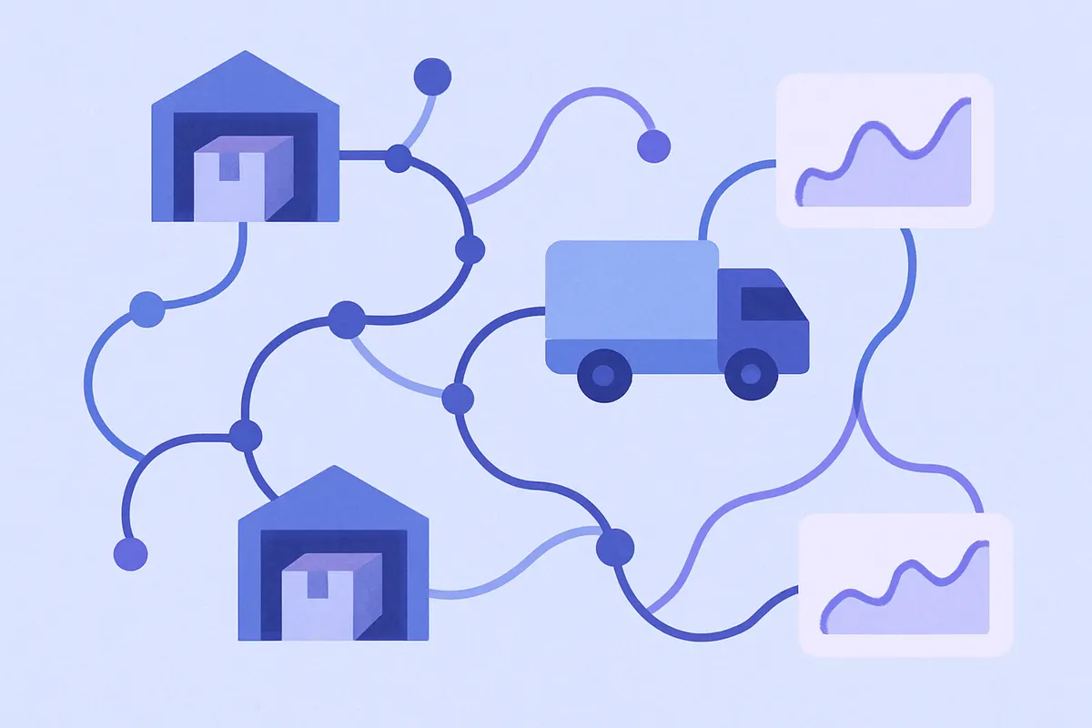 AIが最適化するSCMデータフローの抽象的なイメージ