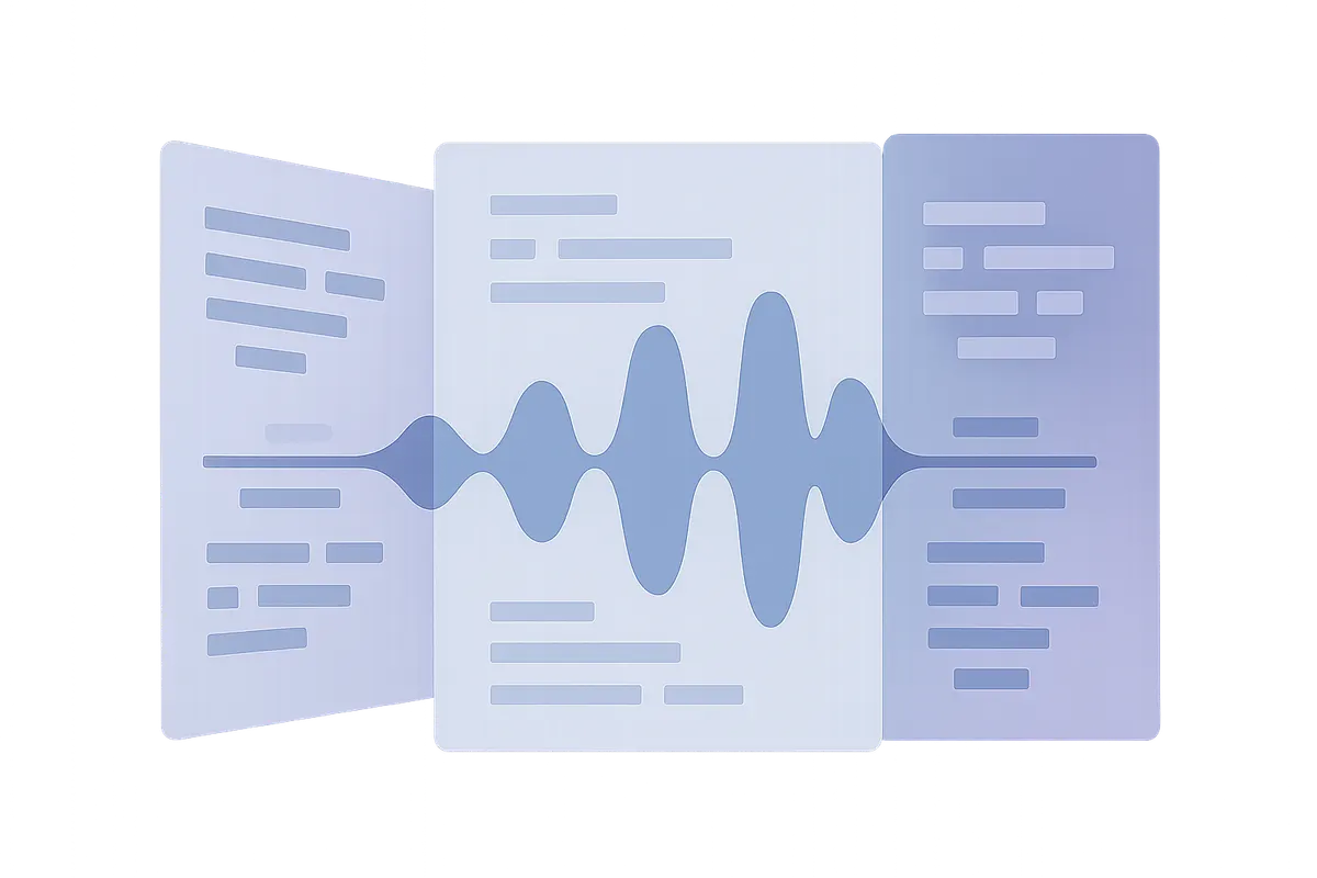 AI音声合成とテキスト生成が連携する様子を抽象的に表現したイメージ