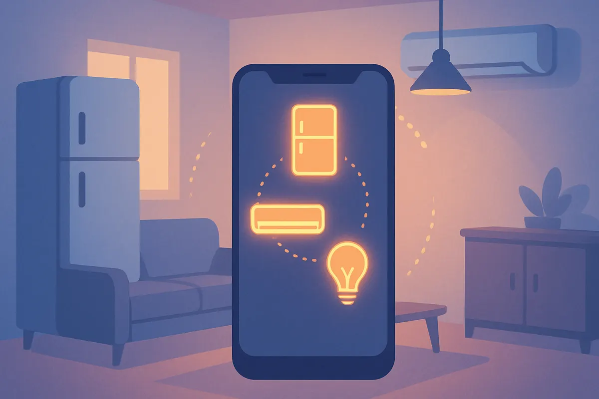 スマートフォンで複数の家電を一括管理するIoTスマートホームのイメージ