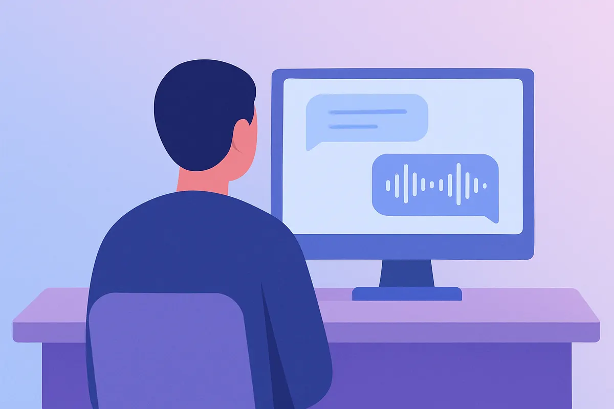 AIアバターとの面接練習をイメージした後ろ姿のシルエットと画面上の音波可視化