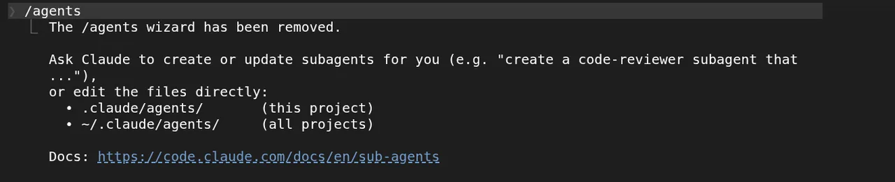 Claude Codeで/agentsを実行した画面。現行版ではウィザードは廃止され、Claudeに依頼するか.claude/agents/を直接編集すると表示される