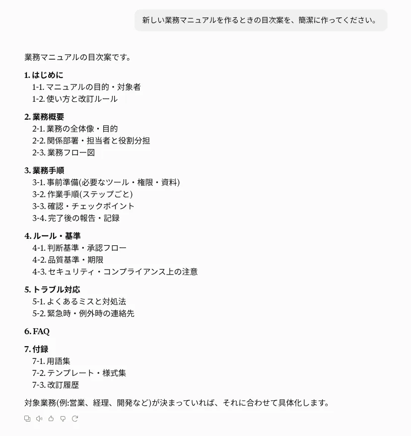 Claudeが業務マニュアルの目次案を7章立てで回答した画面