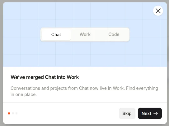 Mistral Vibeの案内画面。We've merged Chat into Work、ChatとWorkとCodeのタブ