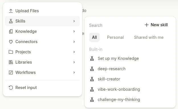 Mistral VibeのSkillsメニュー。Set up my Knowledge、deep-research、skill-creator、vibe-work-onboarding、challenge-my-thinking