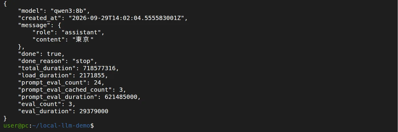 Ollamaの/api/chatの実際の応答JSON。message.contentに東京、total_durationなどの統計
