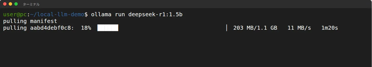 ollama run deepseek-r1:1.5bでモデルをダウンロードしている画面