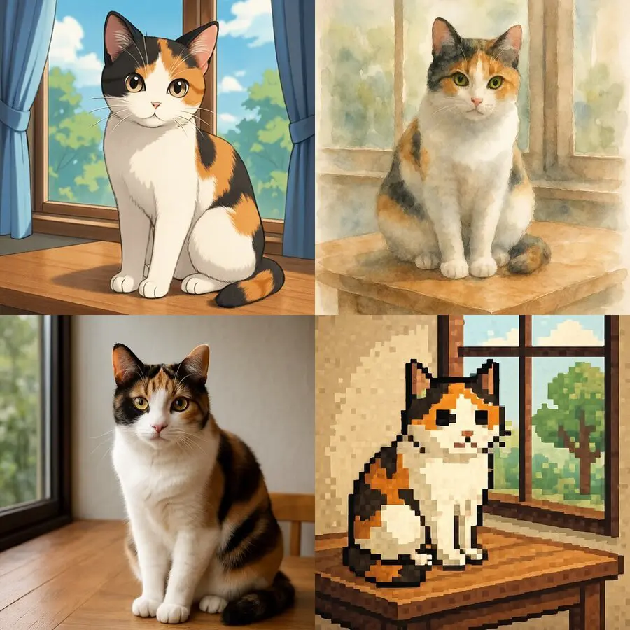 AIイラストの作例:同じ「窓辺の三毛猫」をアニメ風・水彩画風・写真風・ドット絵風で生成した4枚