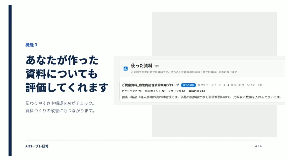 商談で見せた提案資料をAIが評価した画面。わかりやすさ・訴求ポイント・デザイン性の点数と講評