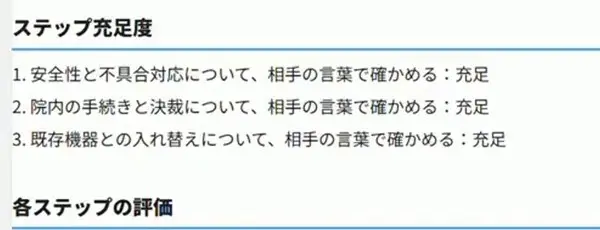 AIロープレの評価画面。商談のステップ充足度(安全性と不具合対応・院内の手続きと決裁・既存機器との入れ替えがそれぞれ充足)と各ステップの評価の見出し