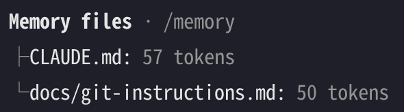 /context の Memory files 欄。CLAUDE.md と、@ で取り込んだ docs/git-instructions.md が別々に数えられている(2026年10月14日・Claude Code 2.1.296・練習用フォルダ)