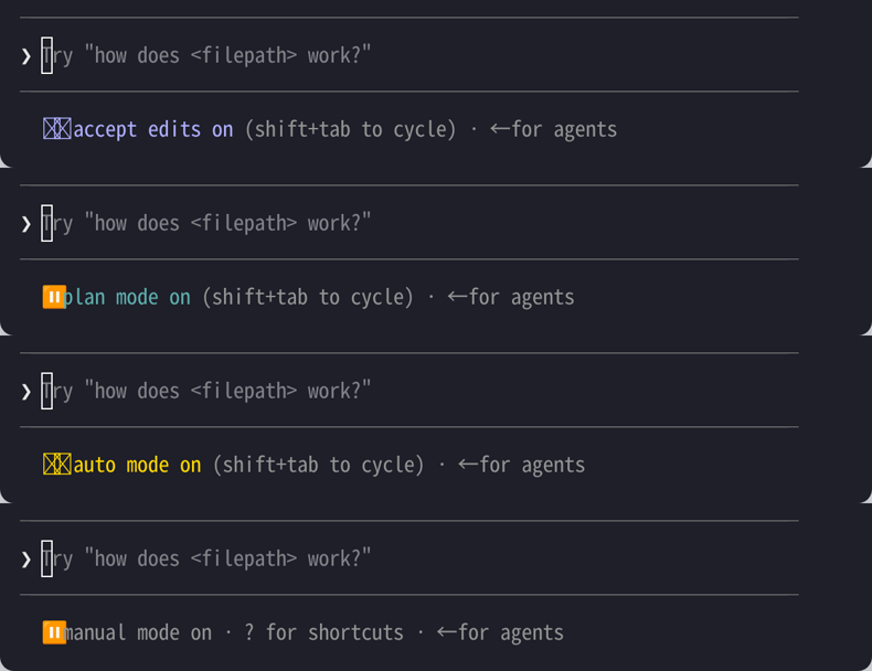 Shift+Tab を押すたびに入力欄の下の表示が accept edits on → plan mode on → auto mode on → manual mode on と切り替わる様子