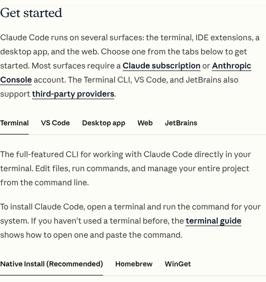 Claude Code公式ドキュメント Overview の Get started の箇所。Terminal・VS Code・Desktop app・Web・JetBrains のタブと、Native Install のコマンド curl -fsSL https://claude.ai/install.sh | bash が表示されている
