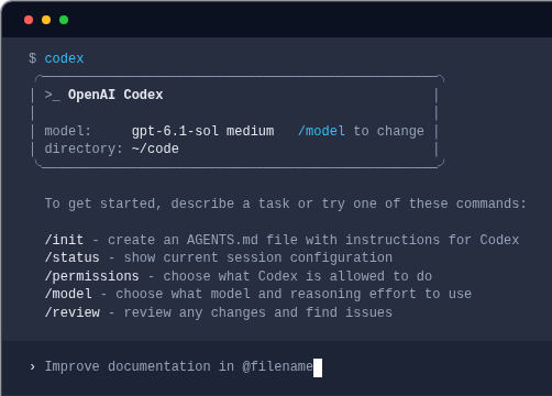 OpenAI公式ドキュメント Codex CLI のページ。Inspect, edit, and run code from your terminal の見出しと、codex を実行した起動画面の例（モデル gpt-6.1-sol medium、/init /status /permissions /model /review のコマンド）が表示されている