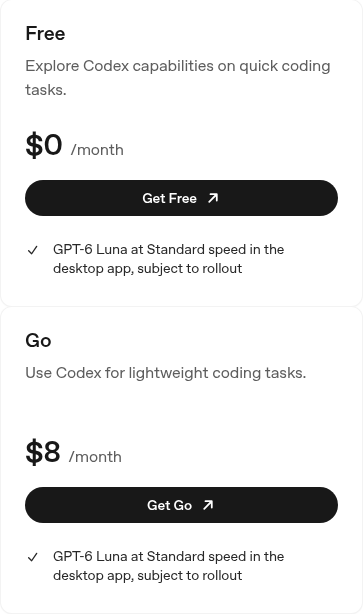 OpenAI公式ドキュメント Codex の Pricing ページ。Free は月0ドル、Go は月8ドルで、どちらも GPT-6 Luna をデスクトップアプリで使えると書かれている