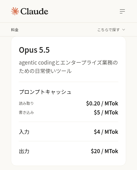Claude公式の料金ページ(claude.com/ja/pricing)のAPIタブをスマホ幅で表示した画面。Opus 5.5のカードに、プロンプトキャッシュの読み取り$0.20/MTok・書き込み$5/MTok、入力$4/MTok、出力$20/MTokが並ぶ