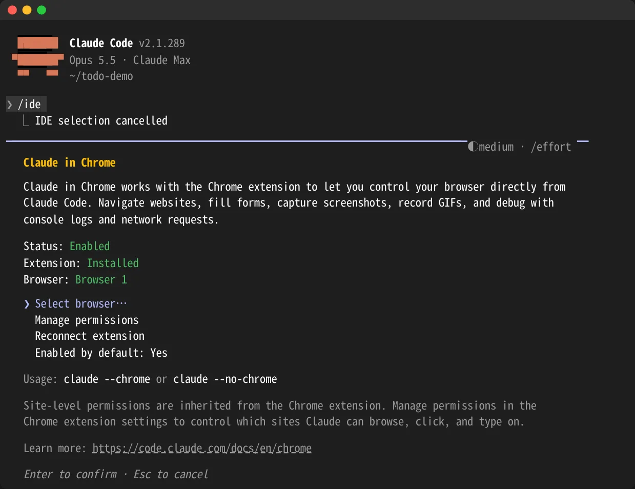 Claude Codeで/chromeを実行した画面。Chrome拡張の状態と操作メニュー