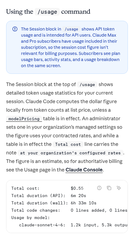 Claude Code公式ドキュメント Manage costs effectively の「Using the /usage command」の箇所。Pro と Max の契約者はセッションの金額が請求とは関係ないこと、請求の確認は Claude Console で行うことが書かれ、Total cost などの表示例がある