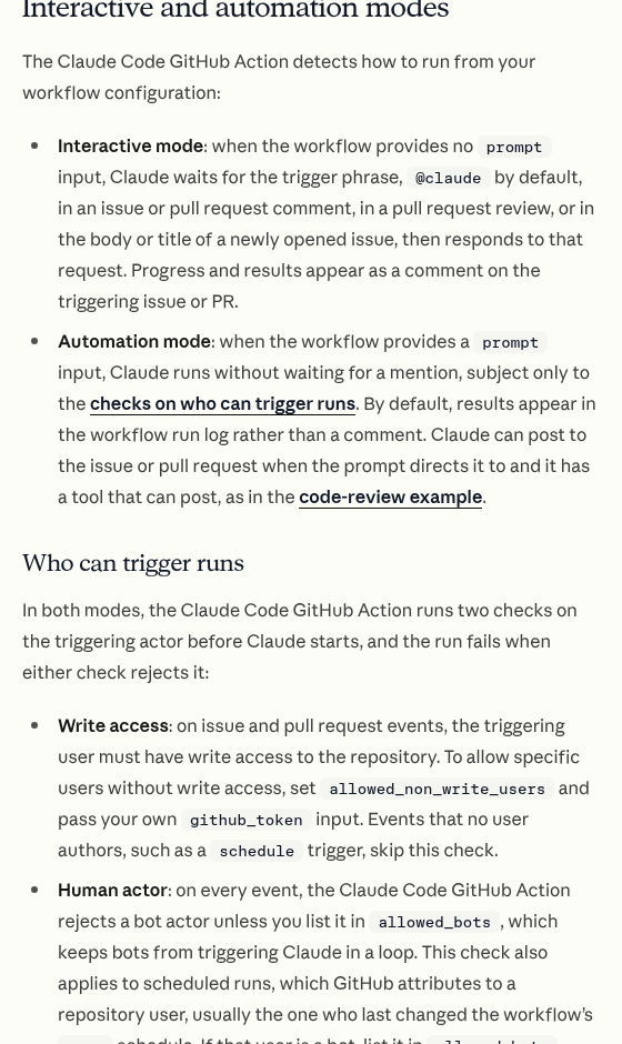 公式ドキュメント Claude Code GitHub Actions の「Interactive and automation modes」と「Who can trigger runs」の項目(2026年10月13日に表示)。プロンプトを指定しなければ @claude のメンションで起動し、起動できるのは書き込み権限のある人で、ボットは allowed_bots に入れない限り拒否されると書かれている