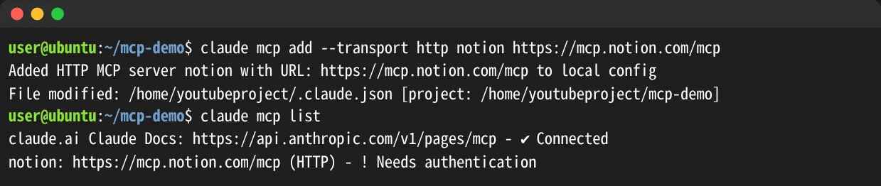 claude mcp add --transport httpでNotionのMCPサーバーを追加し、claude mcp listで接続状態を確認した画面