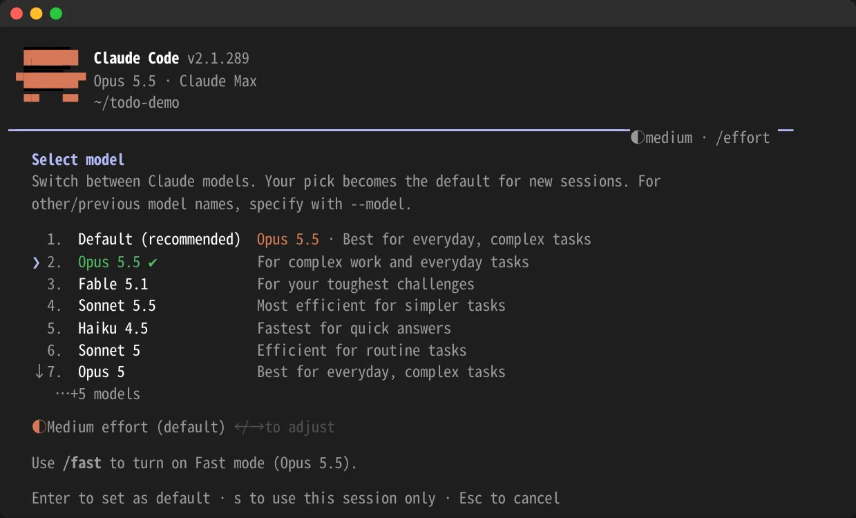 Claude Codeで/modelを実行したモデル選択画面。Default(Opus 5.5)、Fable 5.1、Sonnet 5.5、Haiku 4.5などが並ぶ